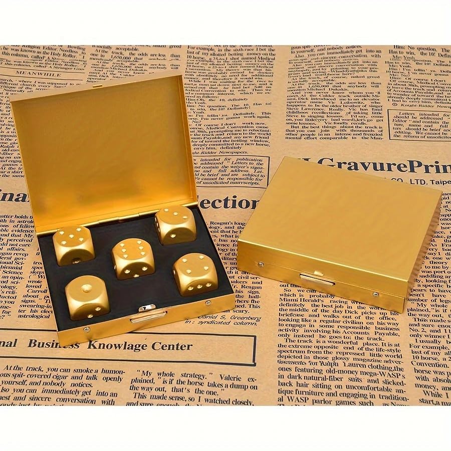 RPH 5pcs Golden Aluminum Alloy Dice Set, Hexahedron Shape, Metal Material, Luck-Based Game, with Durable Storage Box for Party Games