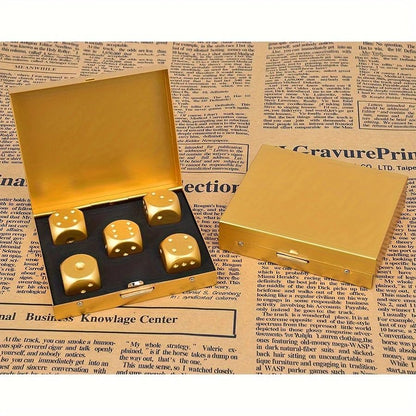 RPH 5pcs Golden Aluminum Alloy Dice Set, Hexahedron Shape, Metal Material, Luck-Based Game, with Durable Storage Box for Party Games