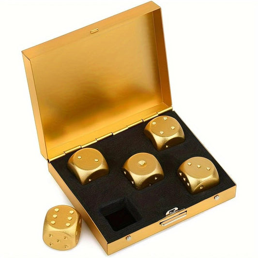 RPH 5pcs Golden Aluminum Alloy Dice Set, Hexahedron Shape, Metal Material, Luck-Based Game, with Durable Storage Box for Party Games