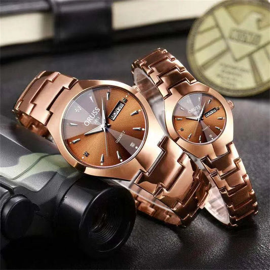 Couple Watches A pair of romantic upscale fashion all-in-one personality dual calendar durable steel belt casual business watch