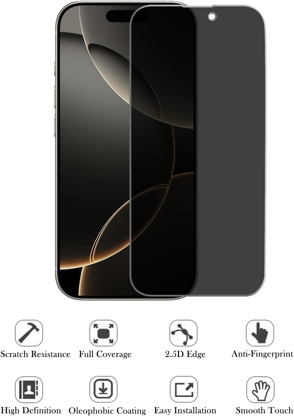 RPH 6 Pcs Full Coverage Privacy Protection Screen Protector for iPhone 16 Pro Screen Protector Privacy, Anti Spy Tempered Glass Film, Anti Scratch