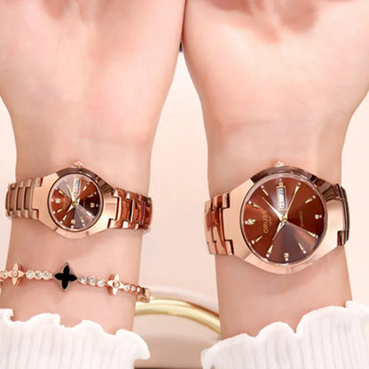 RPH Couple Watches A pair of romantic upscale fashion all-in-one personality dual calendar durable steel belt casual business watch