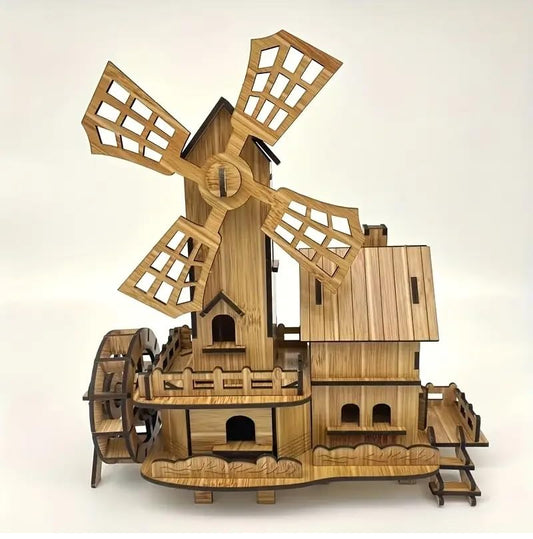 RPH Wooden 3D Puzzle Windmill House Kit - Bamboo-Colored Windmill with Cottage, Enhances Spatial Thinking Skills and Focus, 3D Puzzle Construction Set