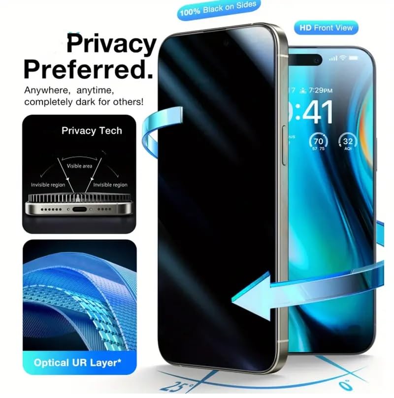 RPH 6 Pcs Full Coverage Privacy Protection Screen Protector for iPhone 16 Pro Screen Protector Privacy, Anti Spy Tempered Glass Film, Anti Scratch