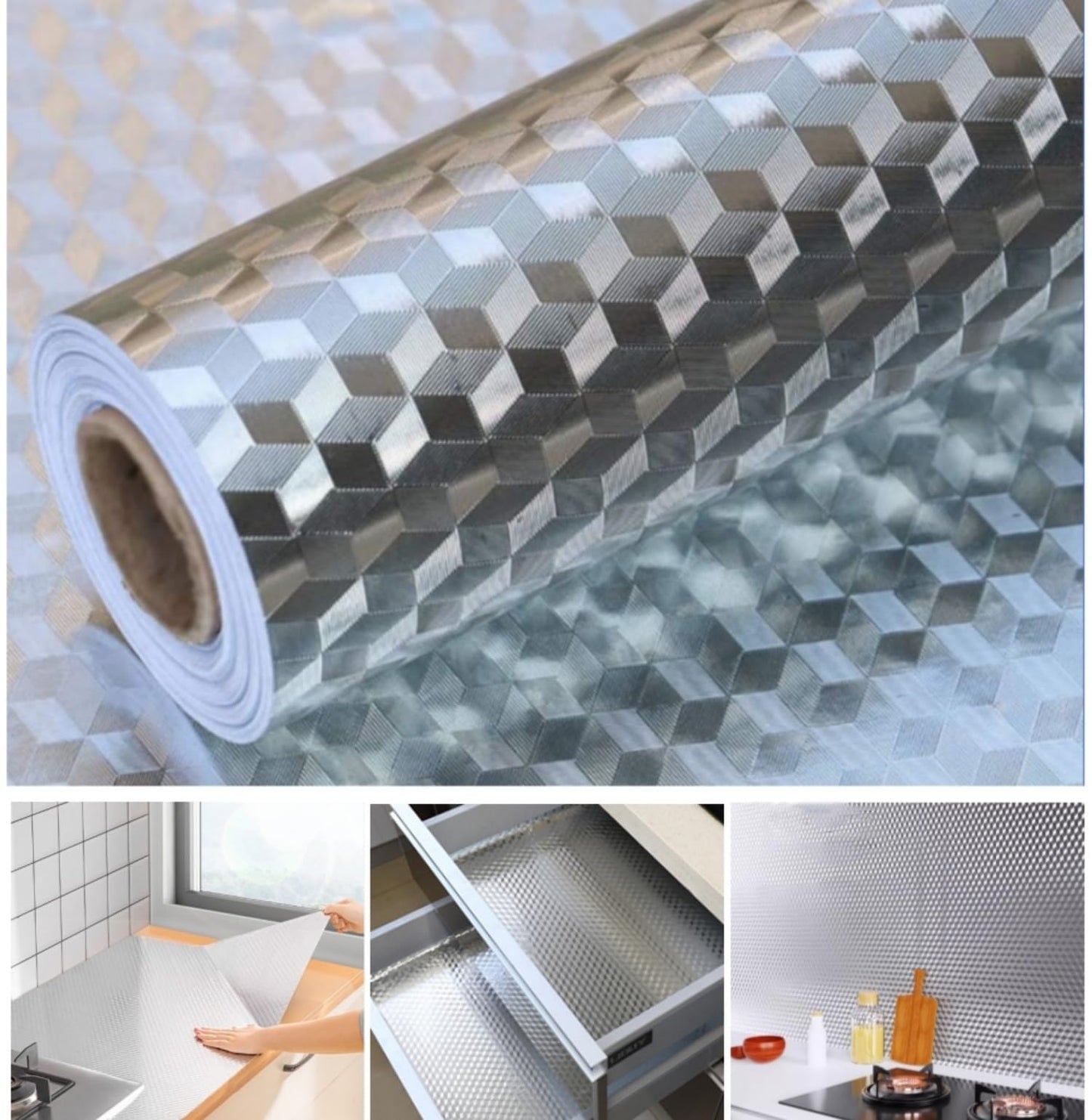 RPH Multipurpose Aluminum Foil Sticker Creative Covering: Self-Adhesive Shelf and Drawer Liner,Waterproof Kitchen Cupboards Sticker, Privacy Window Covering (15.7"x78.7",3D Cube)