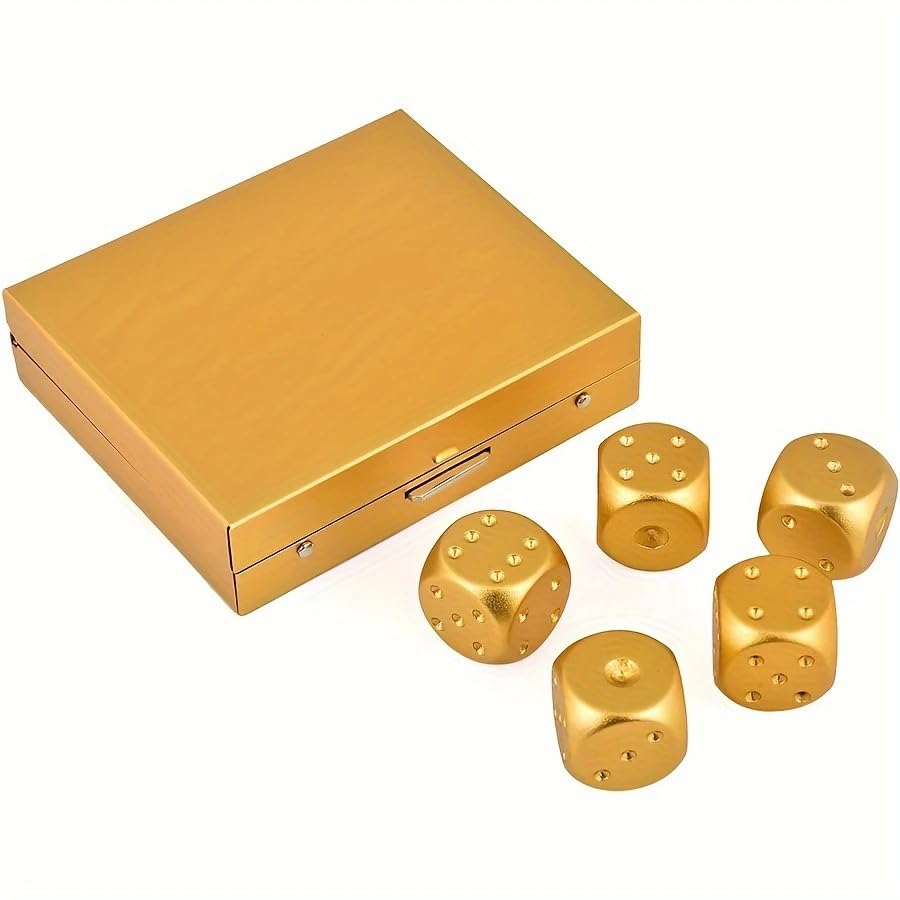 RPH 5pcs Golden Aluminum Alloy Dice Set, Hexahedron Shape, Metal Material, Luck-Based Game, with Durable Storage Box for Party Games